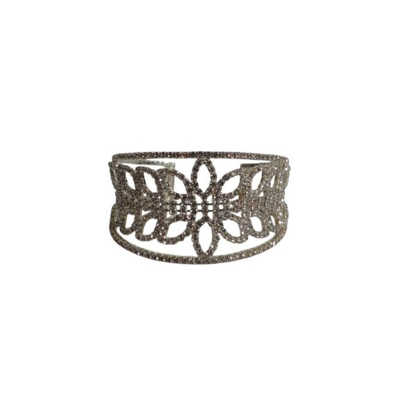 Silver Toned Floral Design Rhinestone Encrusted Flexible Cuff Statement Bracelet - Picture 1 of 8